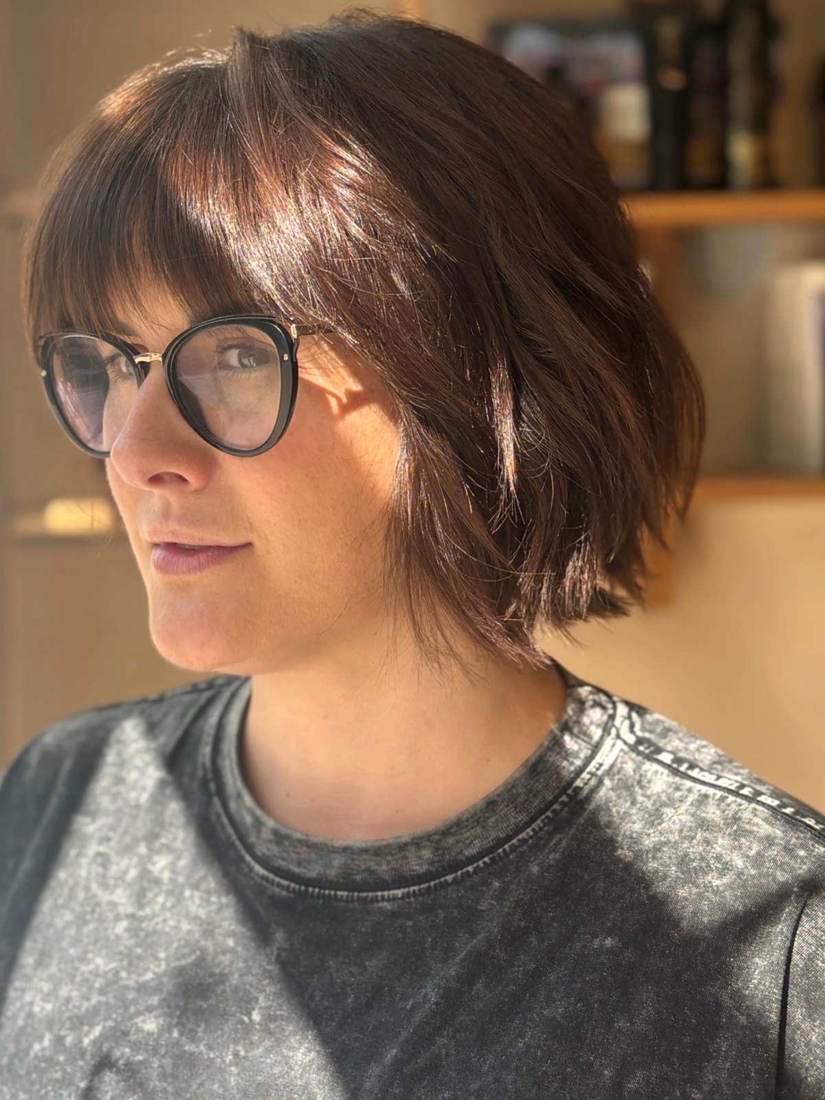 Finished glossy auburn bob with soft fringe