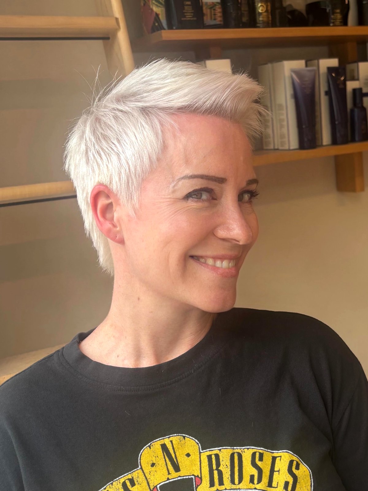 Finished icy platinum pixie with soft textured styling