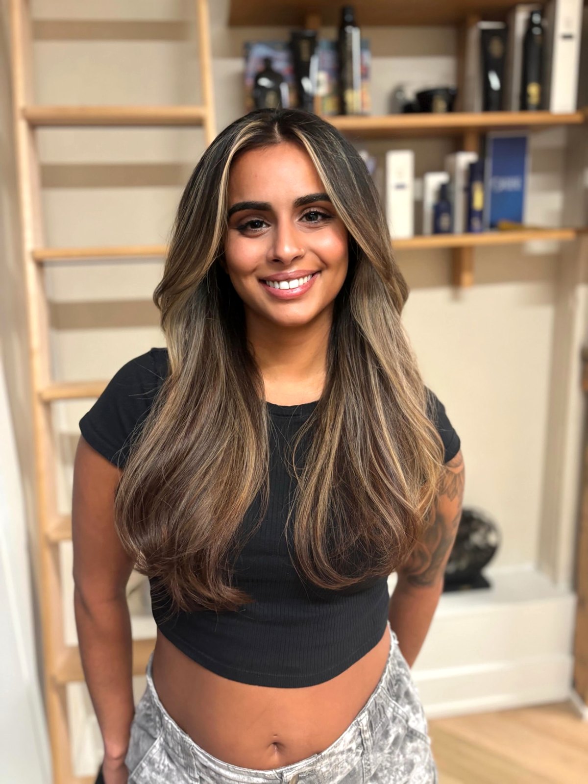 Finished long balayage with warm dimensional highlights