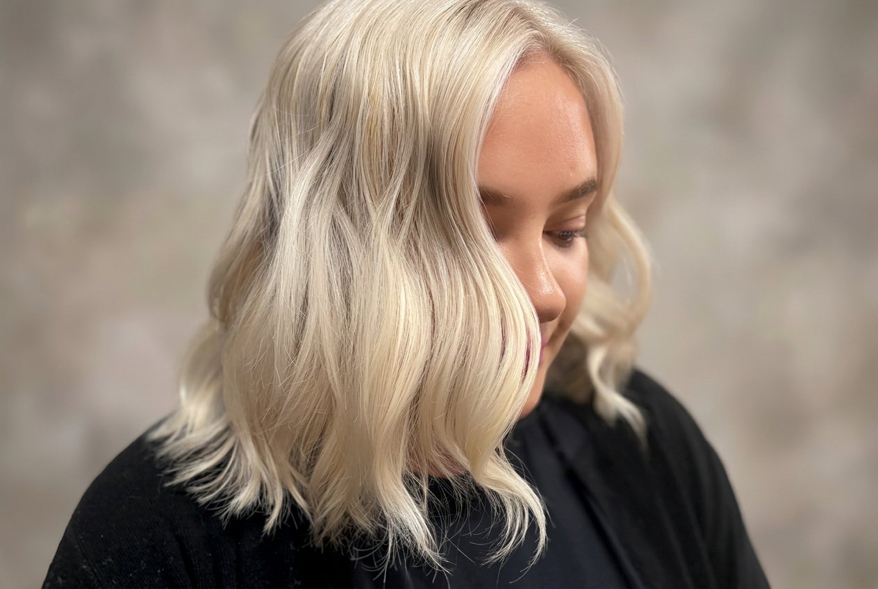 Finished all-over blonde, bright and softly waved